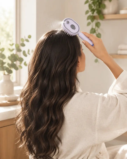Woman misting her hair with the Lavender Serenus Mist Comb