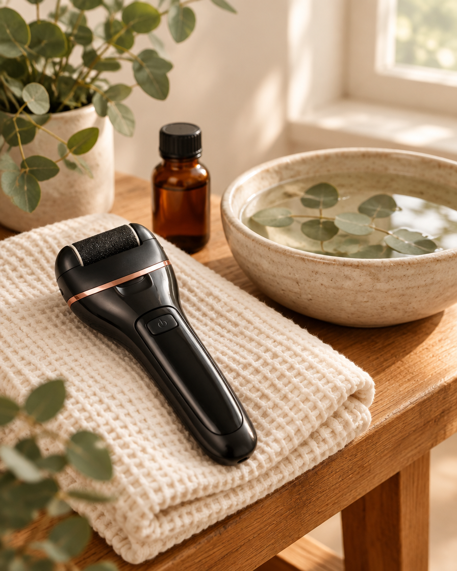Electric callus remover resting on a towel beside a foot soak bowl