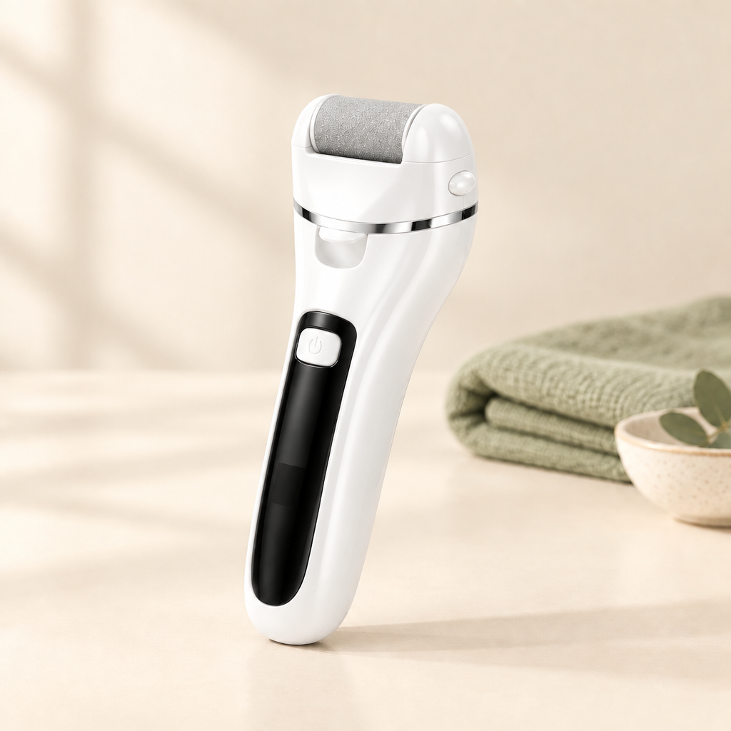 Serenus SoftStep electric callus remover in white on an ivory surface