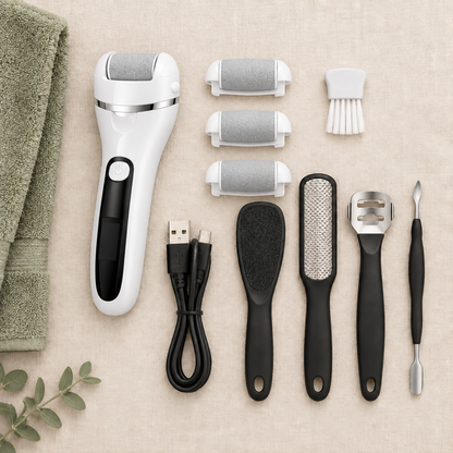 Serenus SoftStep kit in white with three spare roller heads and foot care tools