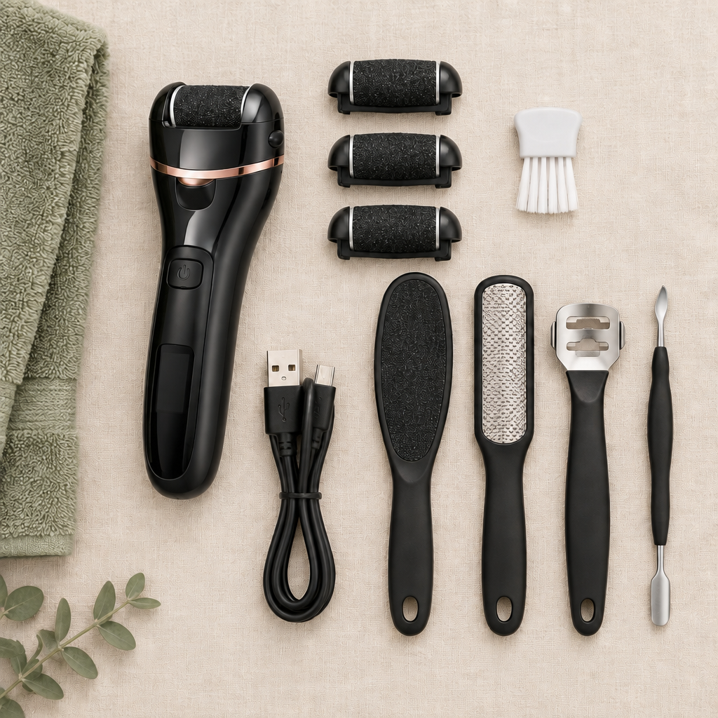 Serenus SoftStep kit in black with three spare roller heads and foot care tools