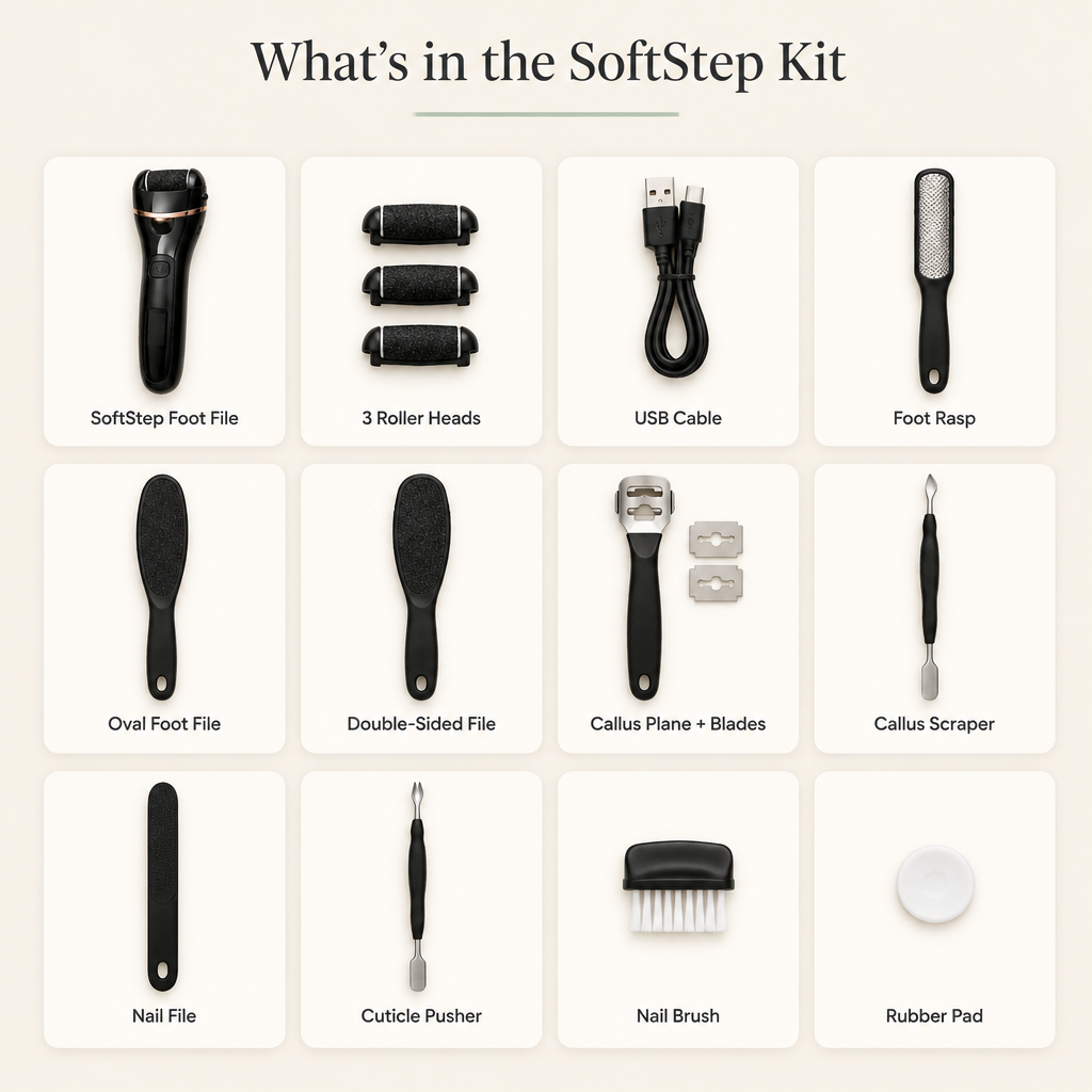 Everything included in the black SoftStep kit: foot file, 3 roller heads, USB cable and 9 pedicure tools