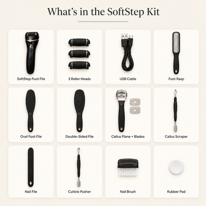 Everything included in the black SoftStep kit: foot file, 3 roller heads, USB cable and 9 pedicure tools