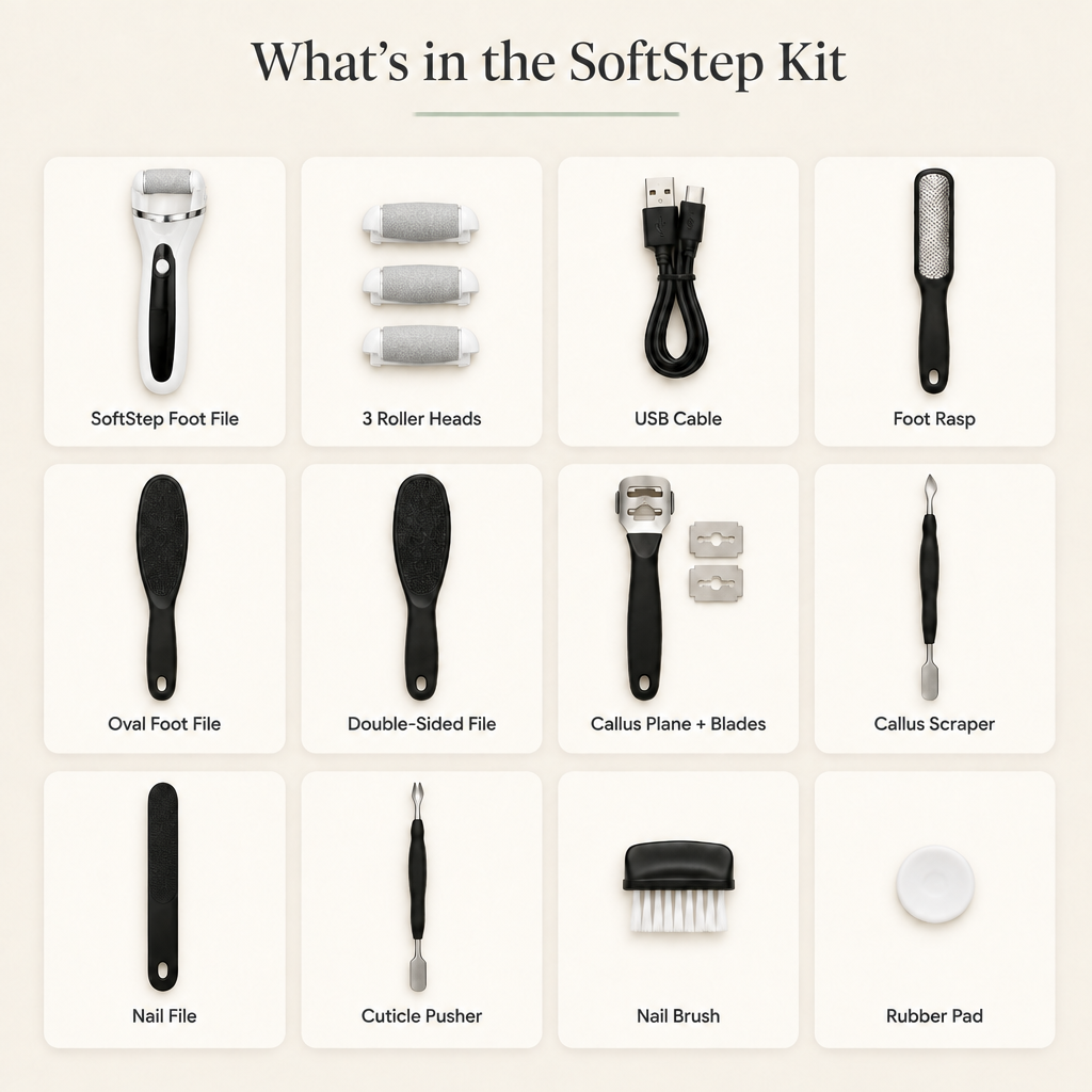 Everything included in the white SoftStep kit: foot file, 3 roller heads, USB cable and 9 pedicure tools