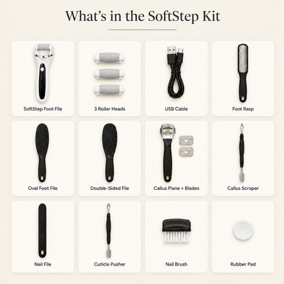 Everything included in the white SoftStep kit: foot file, 3 roller heads, USB cable and 9 pedicure tools