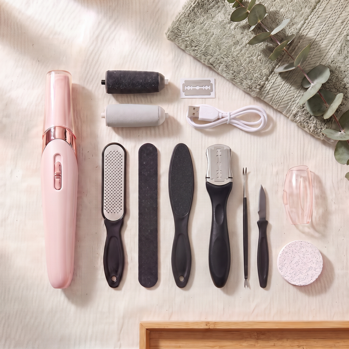 Serenus SoftStep Complete Care Kit laid out with rollers and pedicure tools