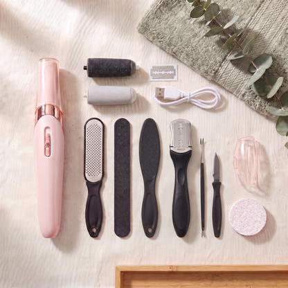 Serenus SoftStep Complete Care Kit laid out with rollers and pedicure tools