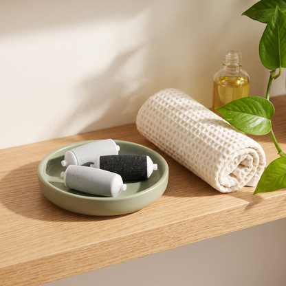 SoftStep replacement heads in a sage dish on an oak bathroom shelf